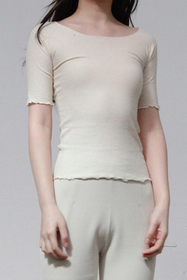 BASERANGE Round neck ruffled ribbed cotton T-shirt TOPA series collection France BAS-TOPA-WA-WI22-MI Beige TOPA-RB-000
